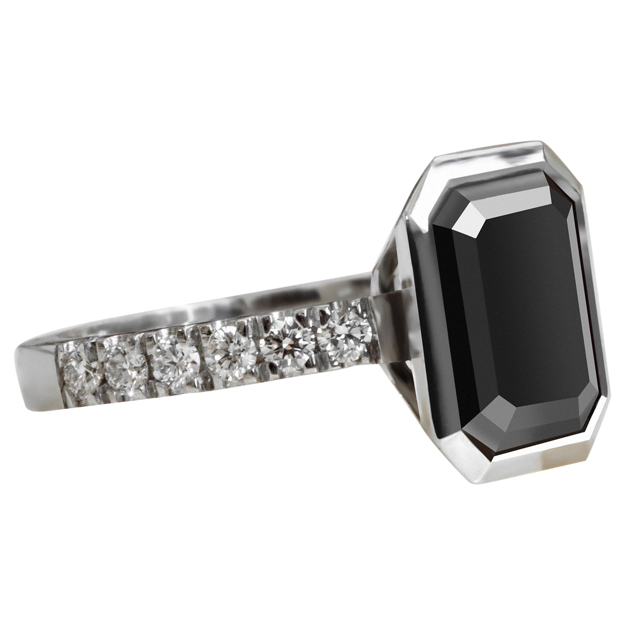 Aniridia Bezel Natural Black Diamond Emerald Engagement Ring - 3.75 Ct