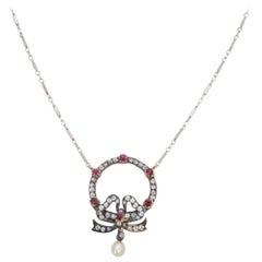 Edwardian Belle Époque Ruby Diamond Bow Necklace