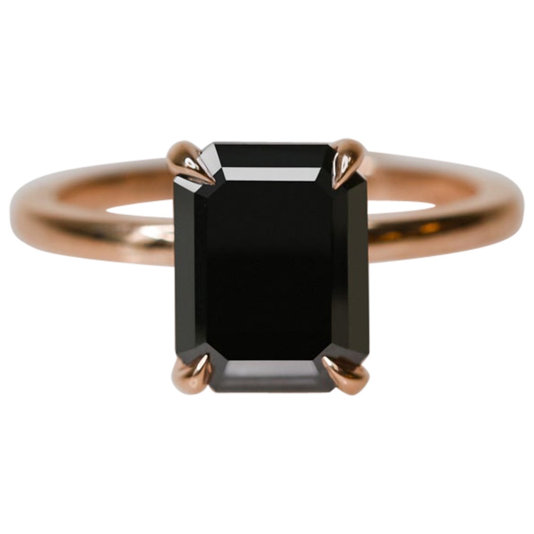 Black Velvet Natural Black Diamond Emerald Cut Engagement Ring - 3.01 Ct For Sale