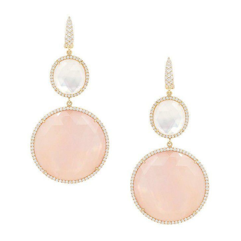 Pendants d'oreilles chics en or rose 18 carats, quartz rose, nacre et diamant