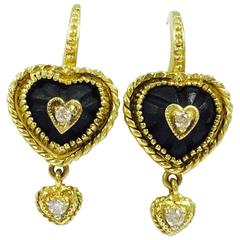Stambolian Frosted Onyx Diamond Gold Heart Earrings