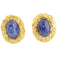 1960s Bark Style Gold Earrings with Sodalite Cabochon 
