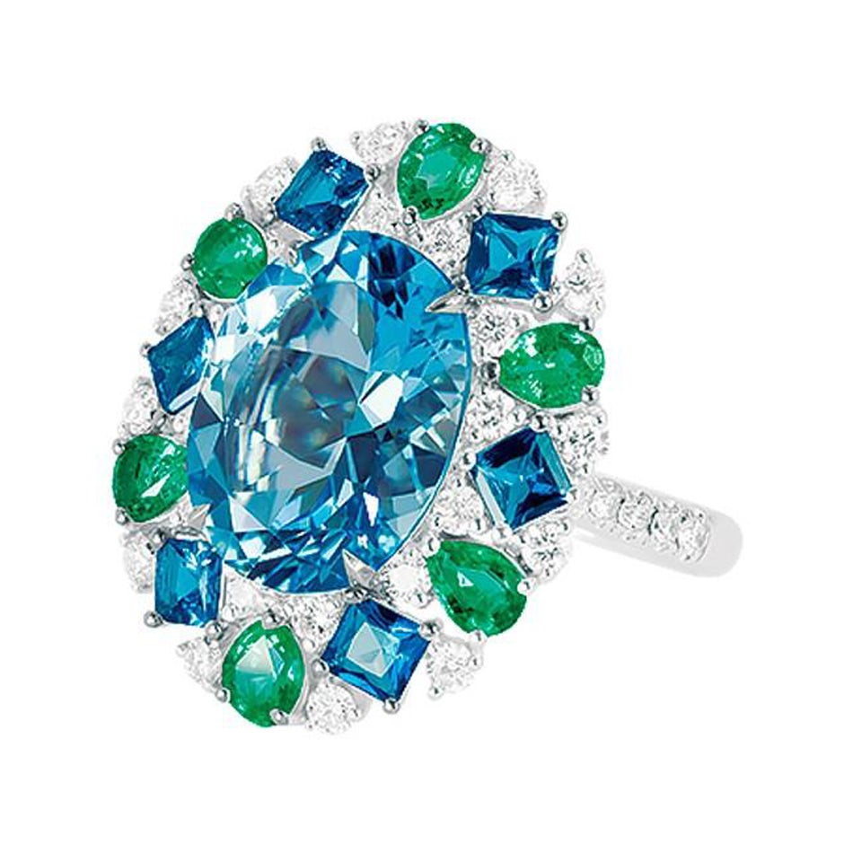 Atemberaubender dreisteiniger Diamant-Blauer Topas-Ring mit seltenem Smaragd aus 18 Karat Weißgold