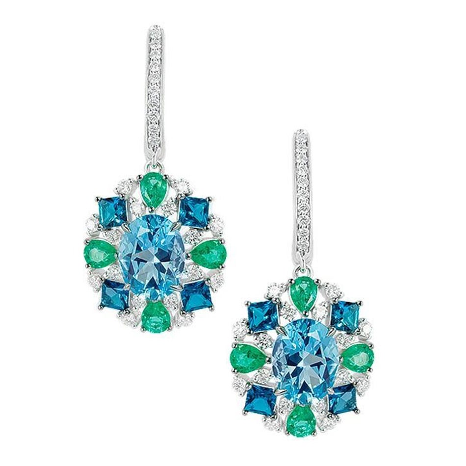 Diamond Blue Topaz Rare Emerald 18 Karat White Gold Dangle Drop Earrings For Sale