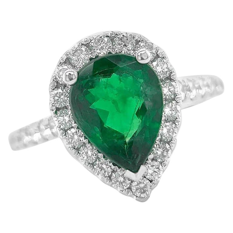 Ring 18kt Gold Pear GIA Emerald 1.54 cts & 30 Diamonds Pave 0.61 cts. For Sale