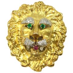 Hammerman Brothers Emerald Ruby Diamond Gold Lion Pendant Brooch