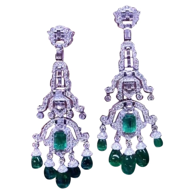 AIG Certified Ct 30.58 Zambia Emeralds Diamonds 6.02 Ct 18K Gold Earrings  For Sale
