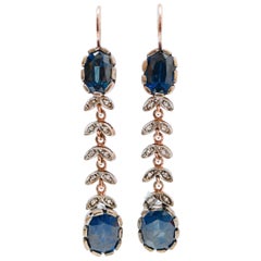 Sapphires, Diamonds, Rose Gold and Silver Dangle Earrings.