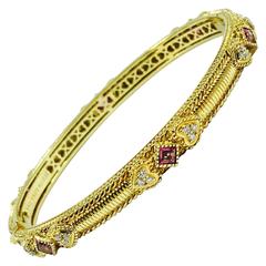 Judith Ripka Romance Diamond Pink Tourmaline Gold Hinged Bangle Bracelet