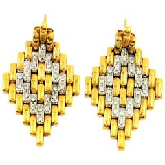 Custom Moving 18kt Italian Two Tone Gold & 1 Carat of Diamonds Mesh Bar Earrings