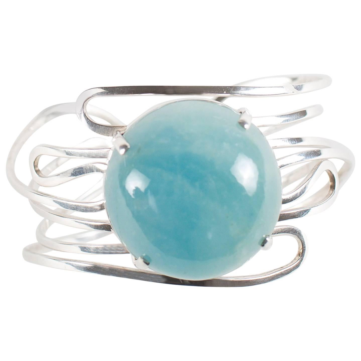 Sterling Silver and Round Aquamarine Cabochon Bracelet  March Birthstone