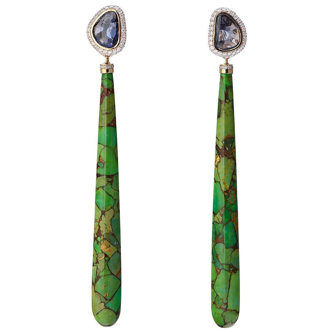 Long Green Turquoise Earrings with Uncut Sapphires and White Diamonds For Sale