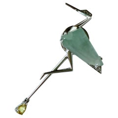 Natural Myanmar Jadeite Jade Crane Brooch, Symbol of Longevity
