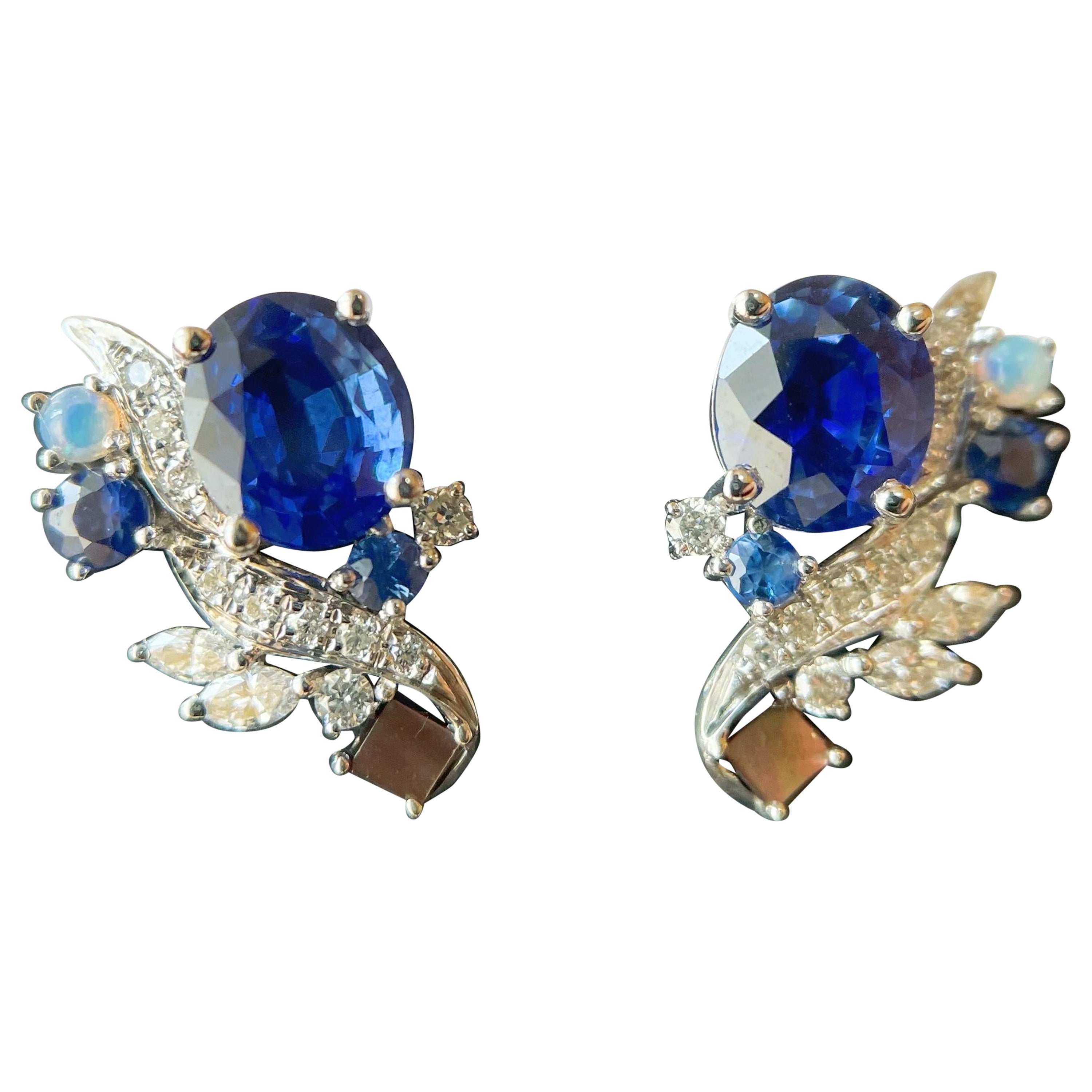 Natural Sri Lanka Royal Blue Sapphire Earrings in 18k White Gold, Opal, Pearl