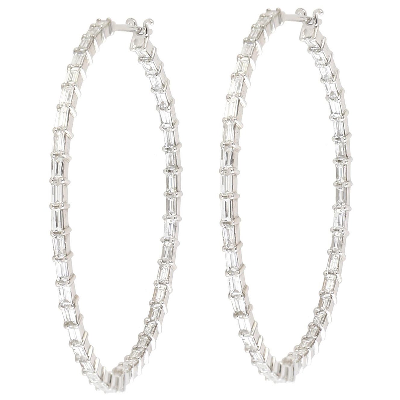 1.75 Inch Diameter Fancy Baguette Diamonds Hoop Earrings Made In 18k White Gold For Sale