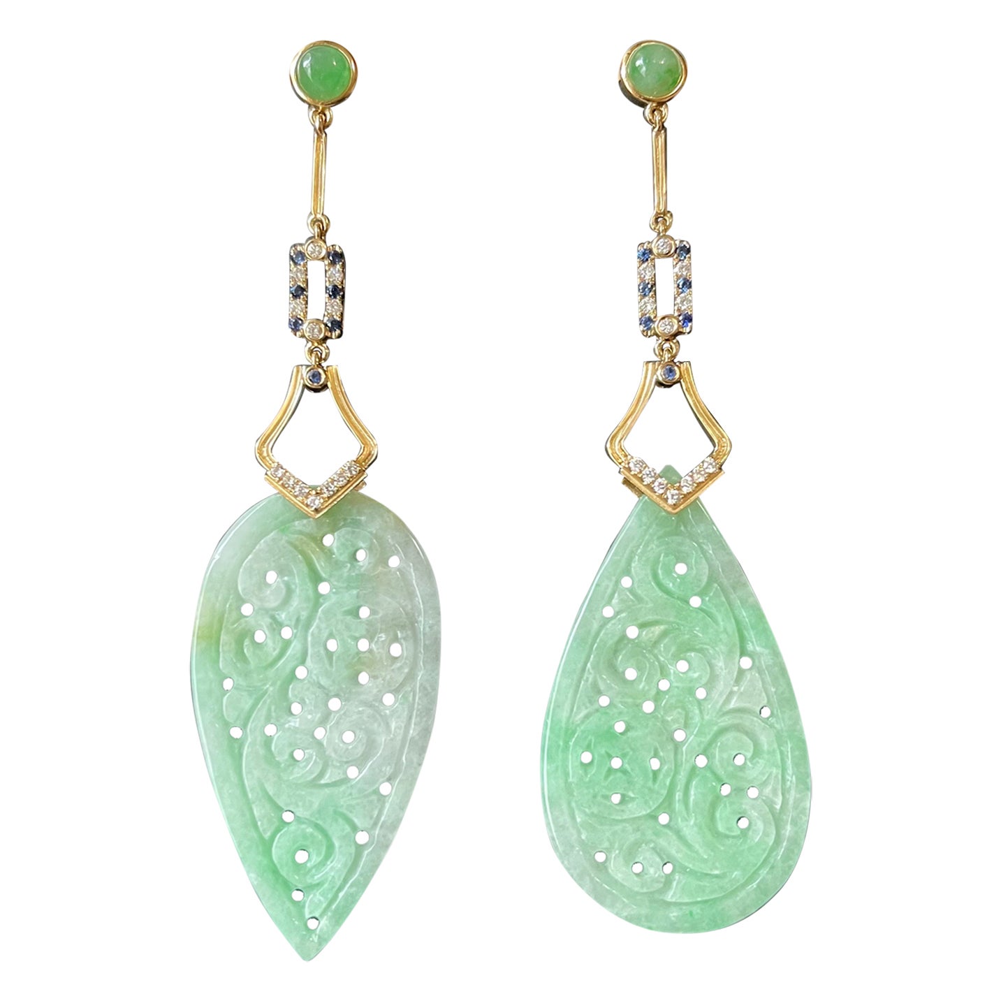 Natural Myanmar Apple Green Jadeite Carved Asymmetric Earrings For Sale