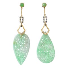 Natural Myanmar Apple Green Jadeite Carved Asymmetric Earrings