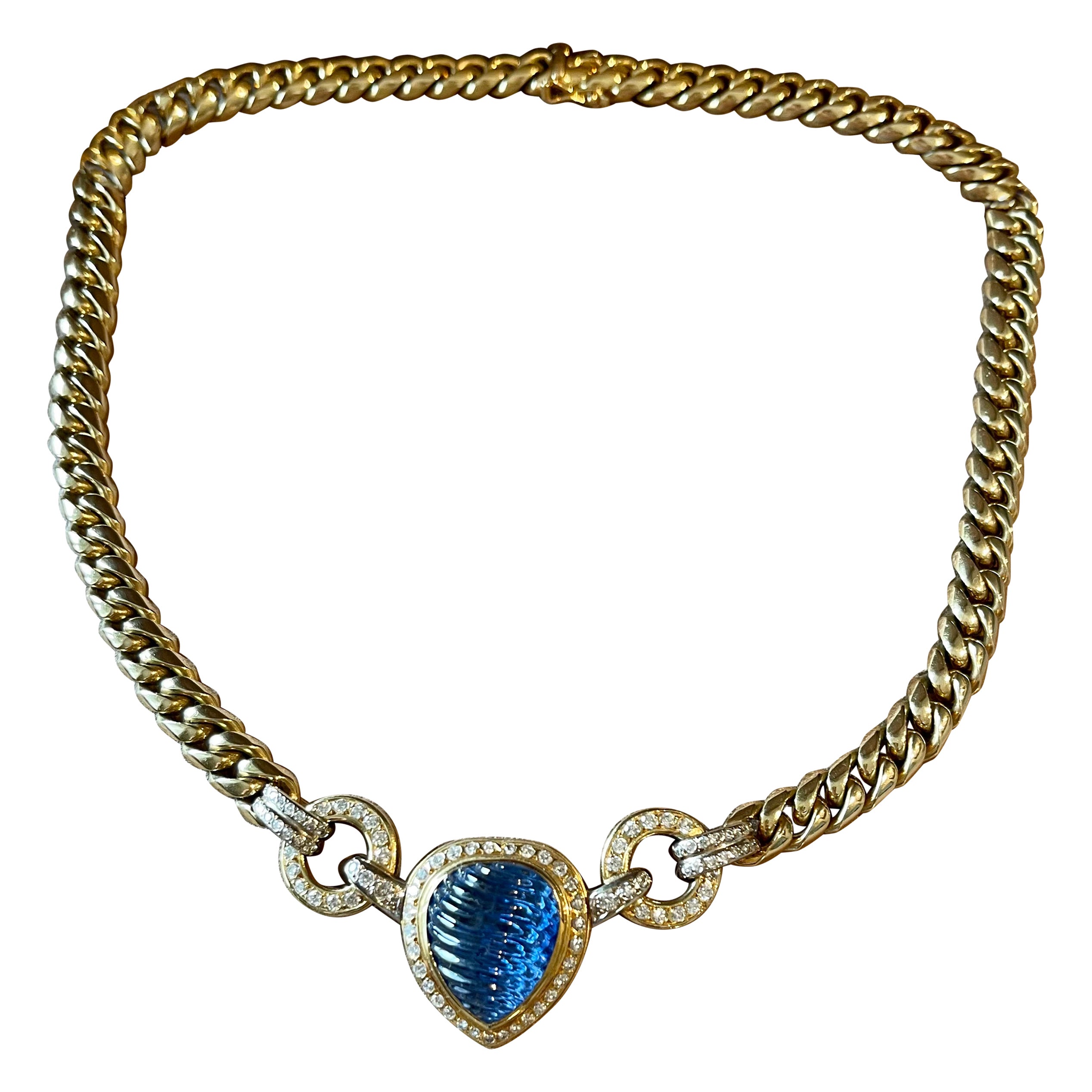 18 K Cuban link necklace carved blue Sapphire Diamond For Sale