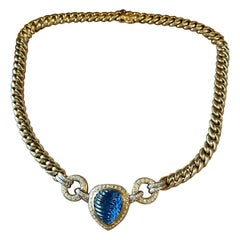 Retro 18 K Cuban link necklace carved blue Sapphire Diamond