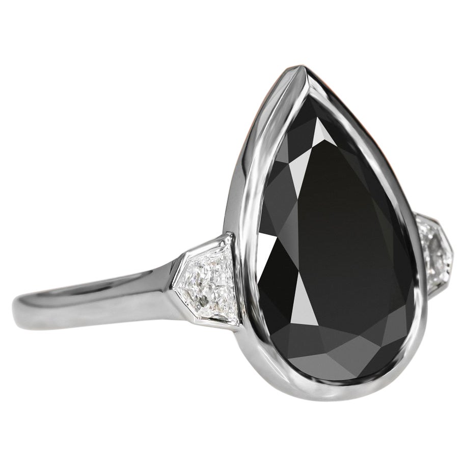 Negra Sombra Bezel Natural Black Diamond Pear Engagement Ring - 5.89 Ct For Sale