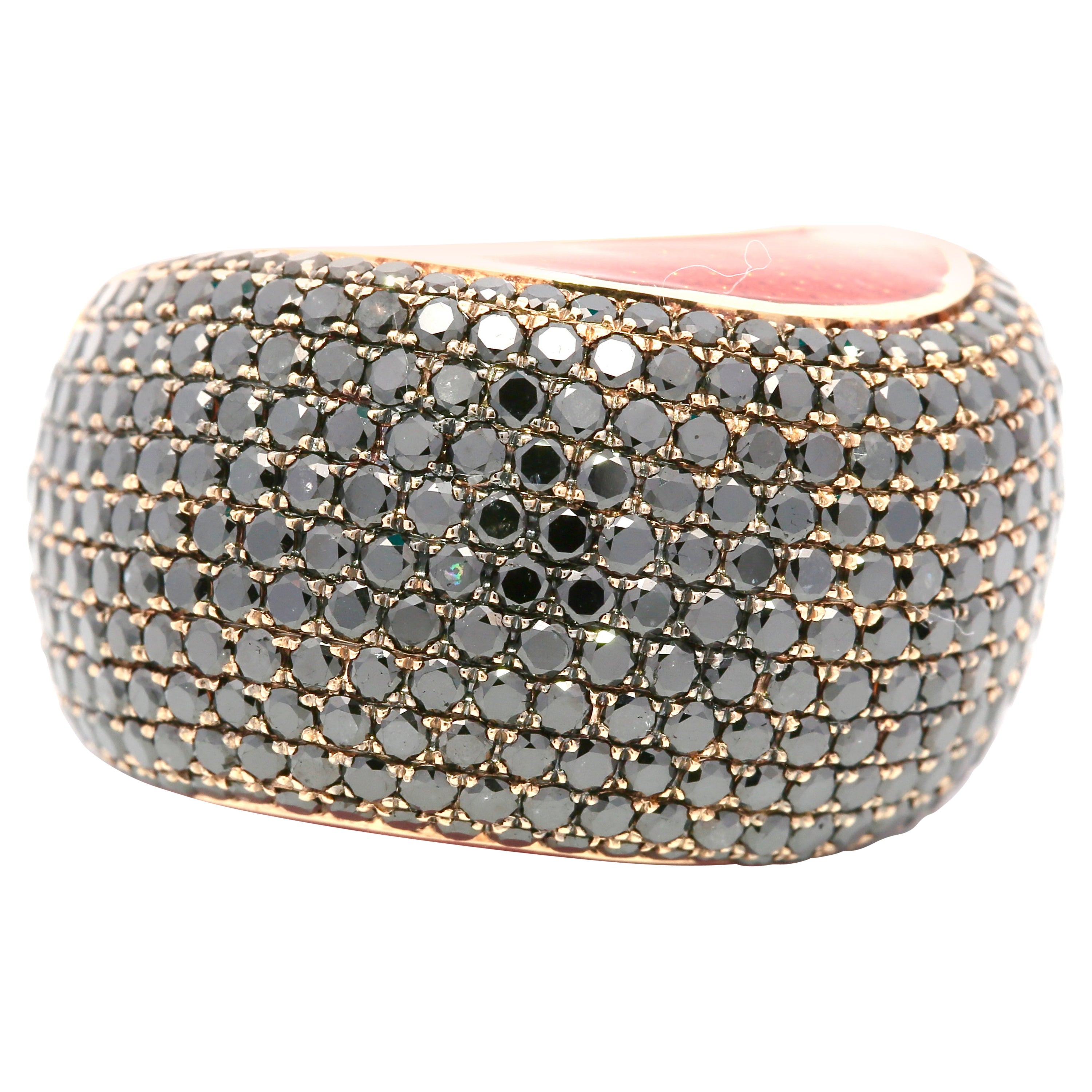 Italian Made 18KT rose Gold "Wave" Designer Ring Set with Black Diamonds For Sale