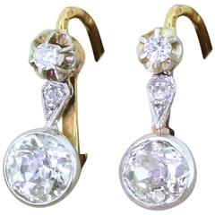 1910s Edwardian 2.38 Old Cut Diamond Drop Earrings