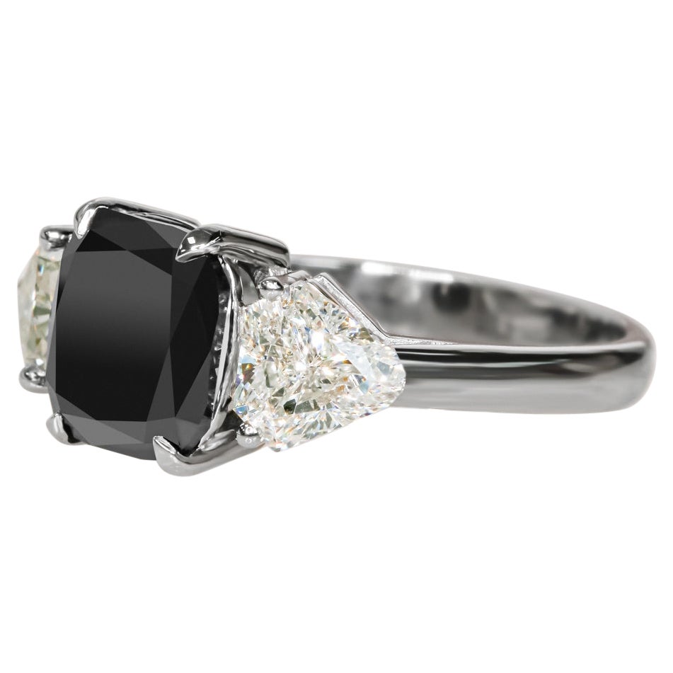 Three Stone Natural Black Diamond Cushion Engagement Ring - 2.35 Ct For Sale