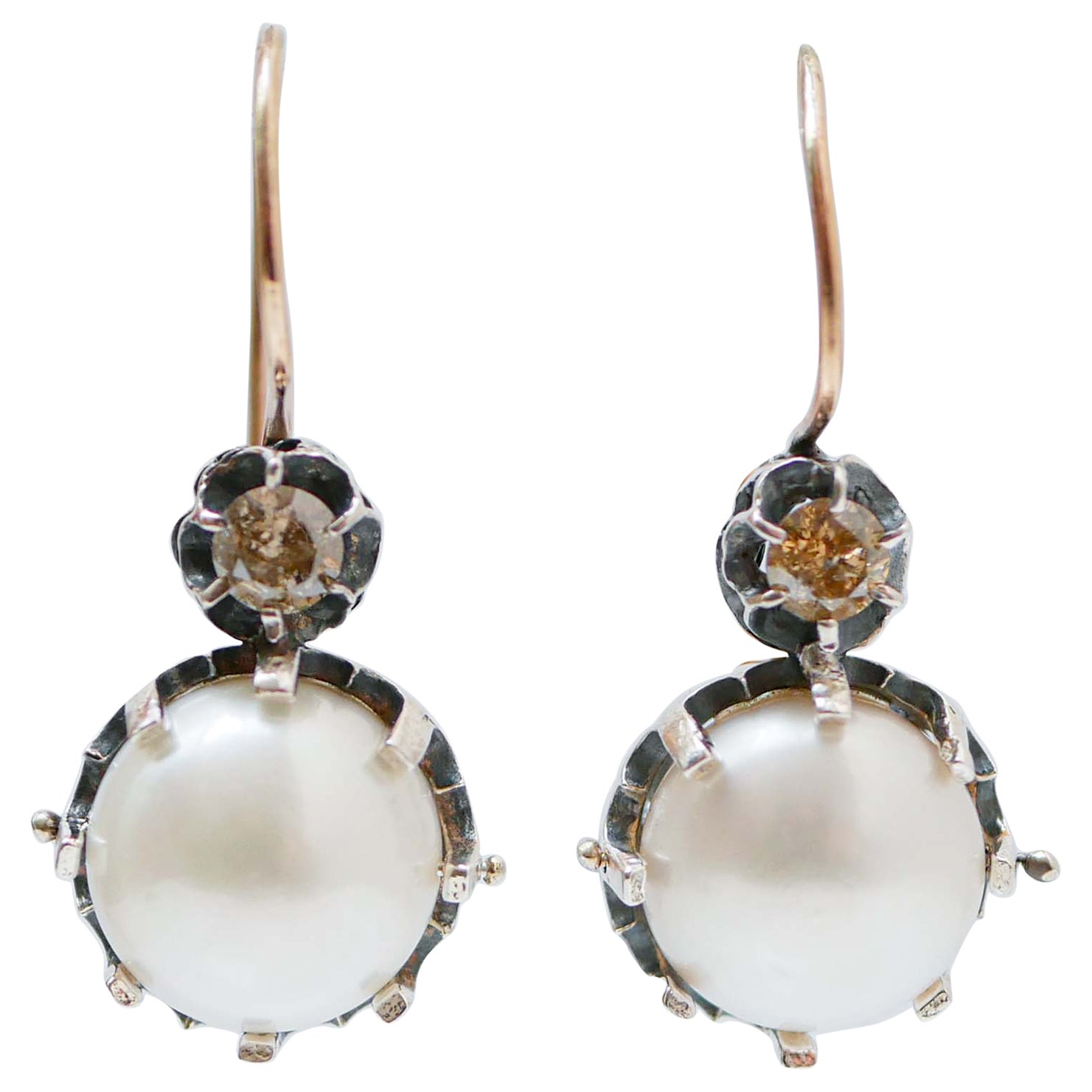 Pearls, Brown Diamonds, Rose Gold and Silver Dangle Earrings.