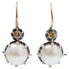 Retro Pearls, Brown Diamonds, Rose Gold and Silver Dangle Earrings.