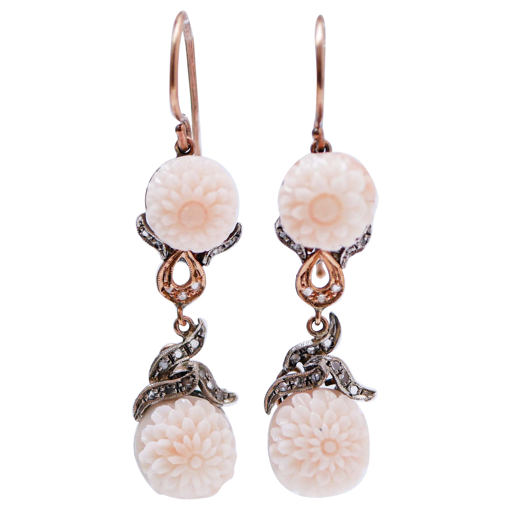 Pink Corals, Diamonds, Rose Gold and Silver Retrò Earrings. For Sale