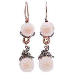 Retro Pink Corals, Diamonds, Rose Gold and Silver Retrò Earrings.