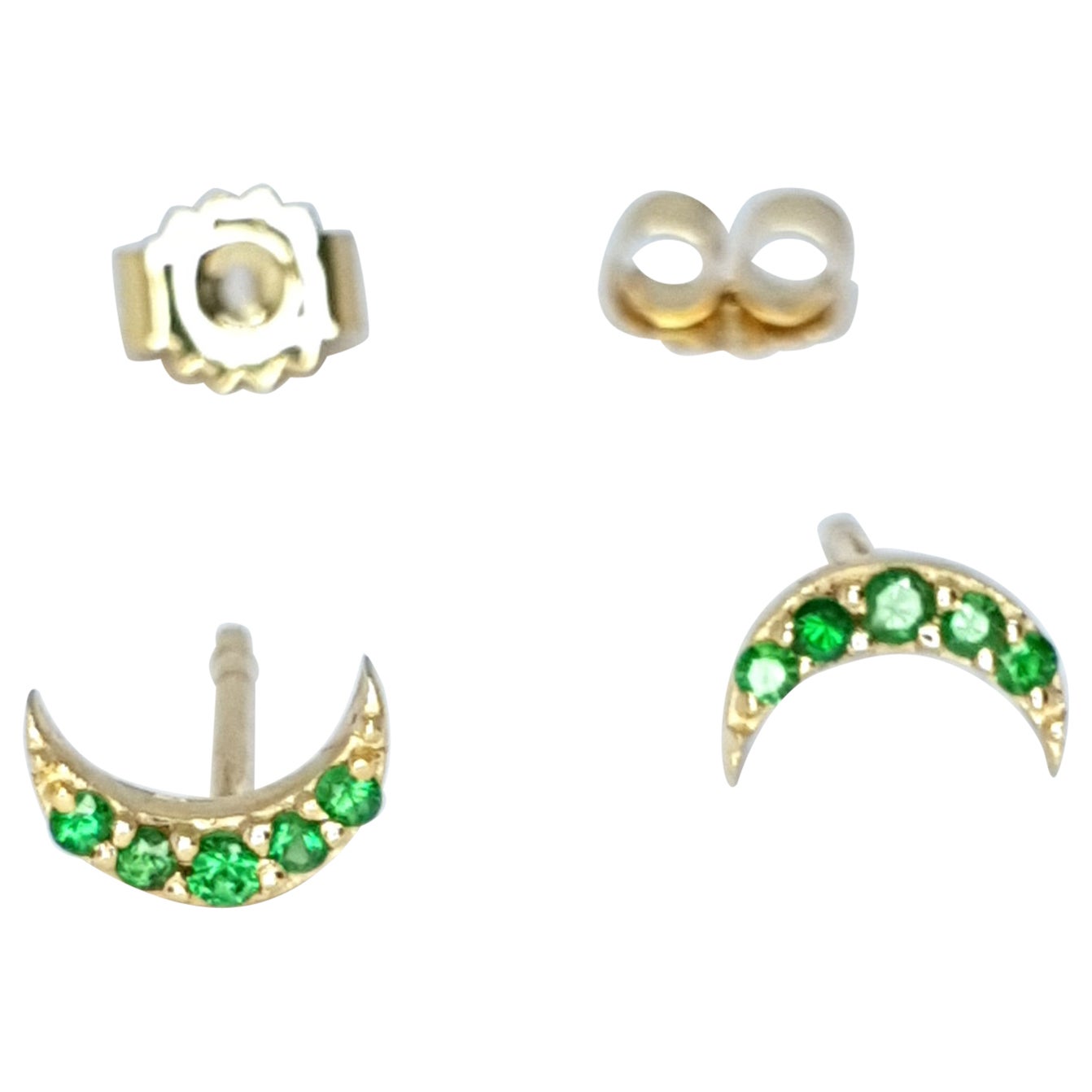 14K Solid Gold Moon Stud Earrings For Women Tsavorite Ear Studs Wedding Gift.