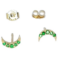 14K Solid Gold Moon Stud Earrings For Women Tsavorite Ear Studs Wedding Gift.