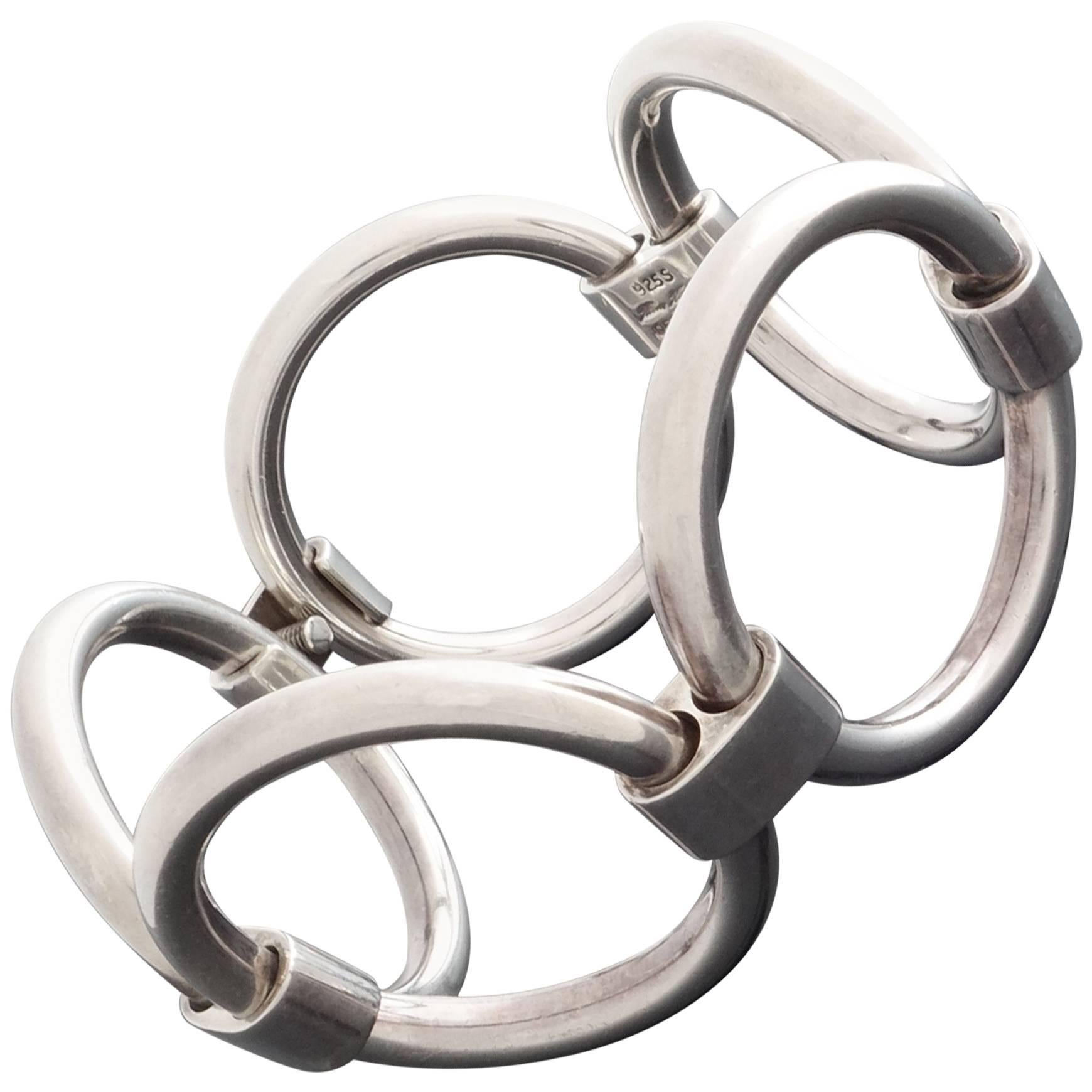 Hans Hansen Denmark Scandinavian Modern Wide Hoop Silver Bracelet For Sale
