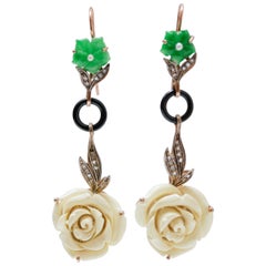 Coral, Green Agate, Onyx, Diamonds, Pearls, Rose Gold and Silver Dangle Earrings