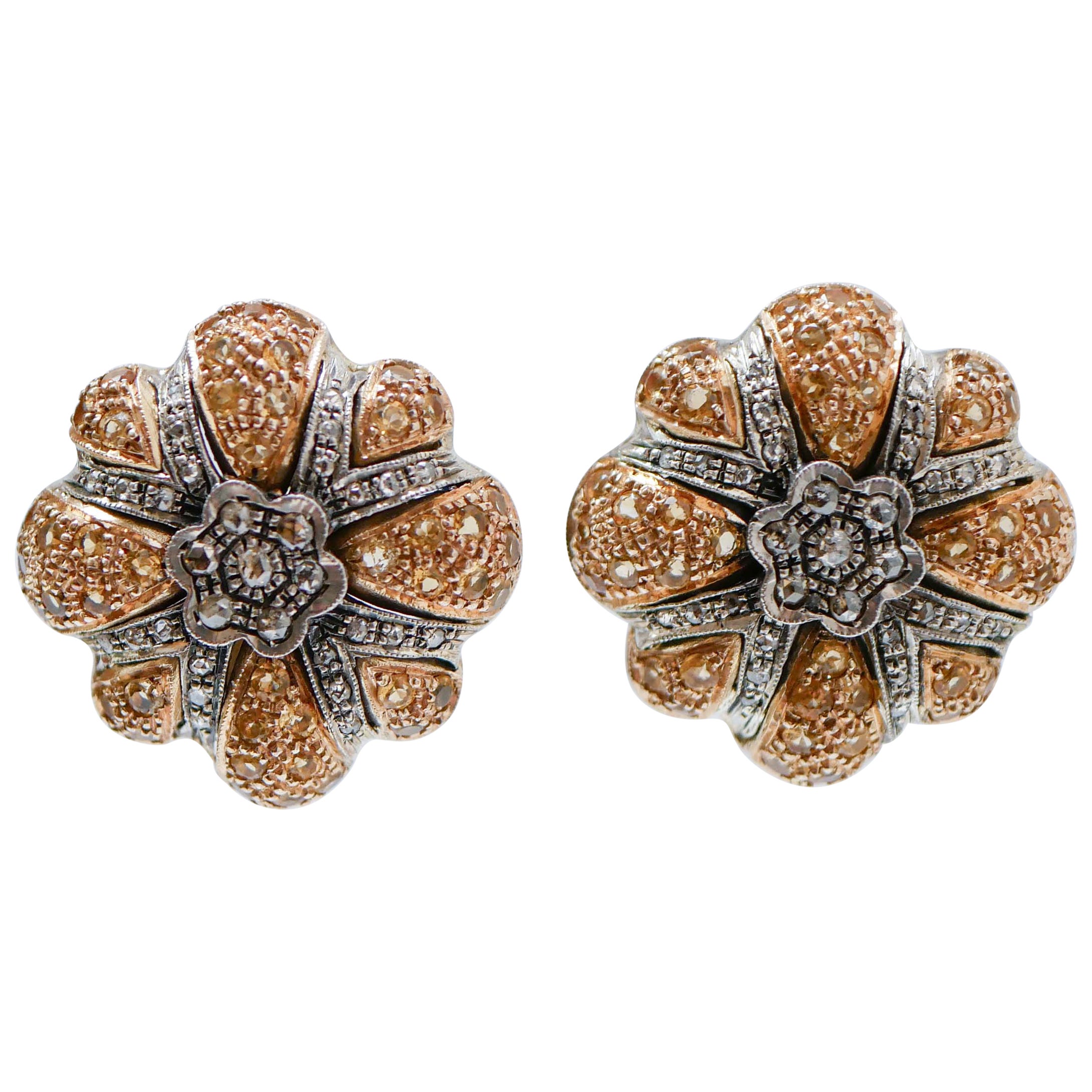 Diamonds, Yellow Sapphires, 14 Karat Rose Gold and Silver Retrò Stud Earrings. For Sale