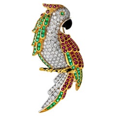 Vintage Diamond Ruby Emerald Onyx 18K Gold Parrot Pin Brooch