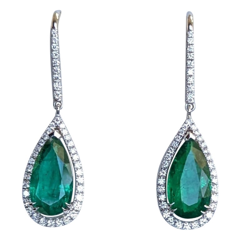 Emerald Pear and White Diamond Dangle Earrings in 18K White Gold For Sale