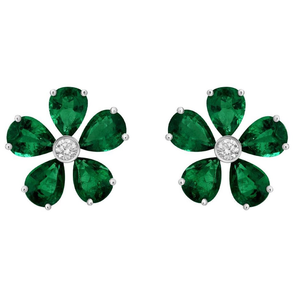 10.50 Carat Emerald and Diamond Flower Earrings For Sale