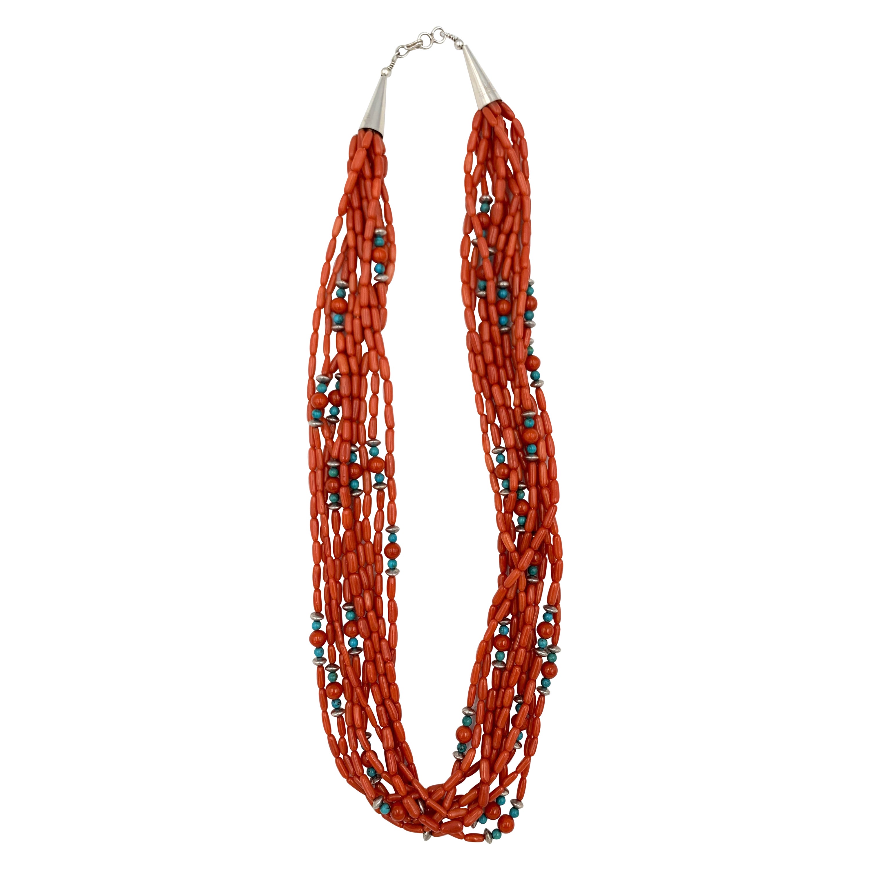 Contemporary Heishi Style Coral Beads with Turquoise and Sterling Silver