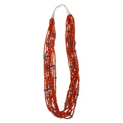 Retro Contemporary Heishi Style Coral Beads with Turquoise and Sterling Silver