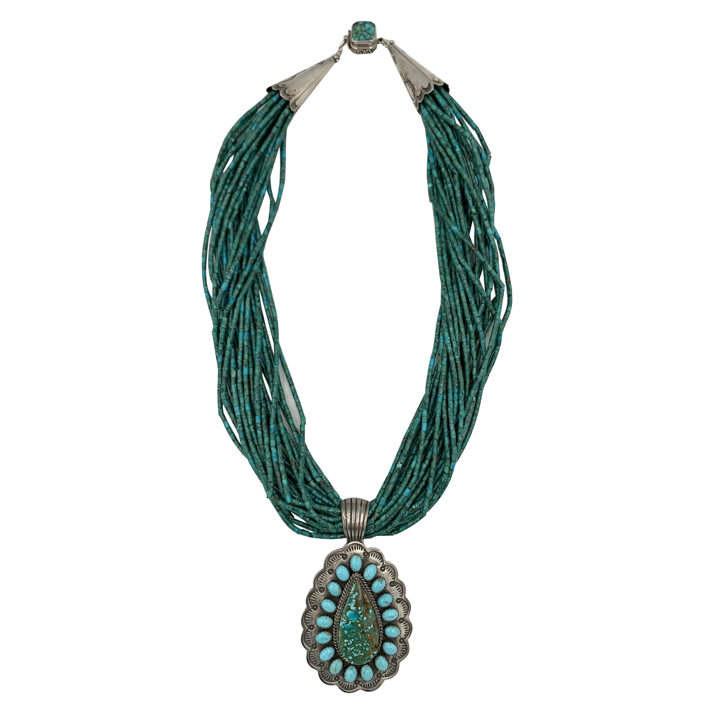 Turquoise Beaded Necklace with Turquoise Pendant For Sale