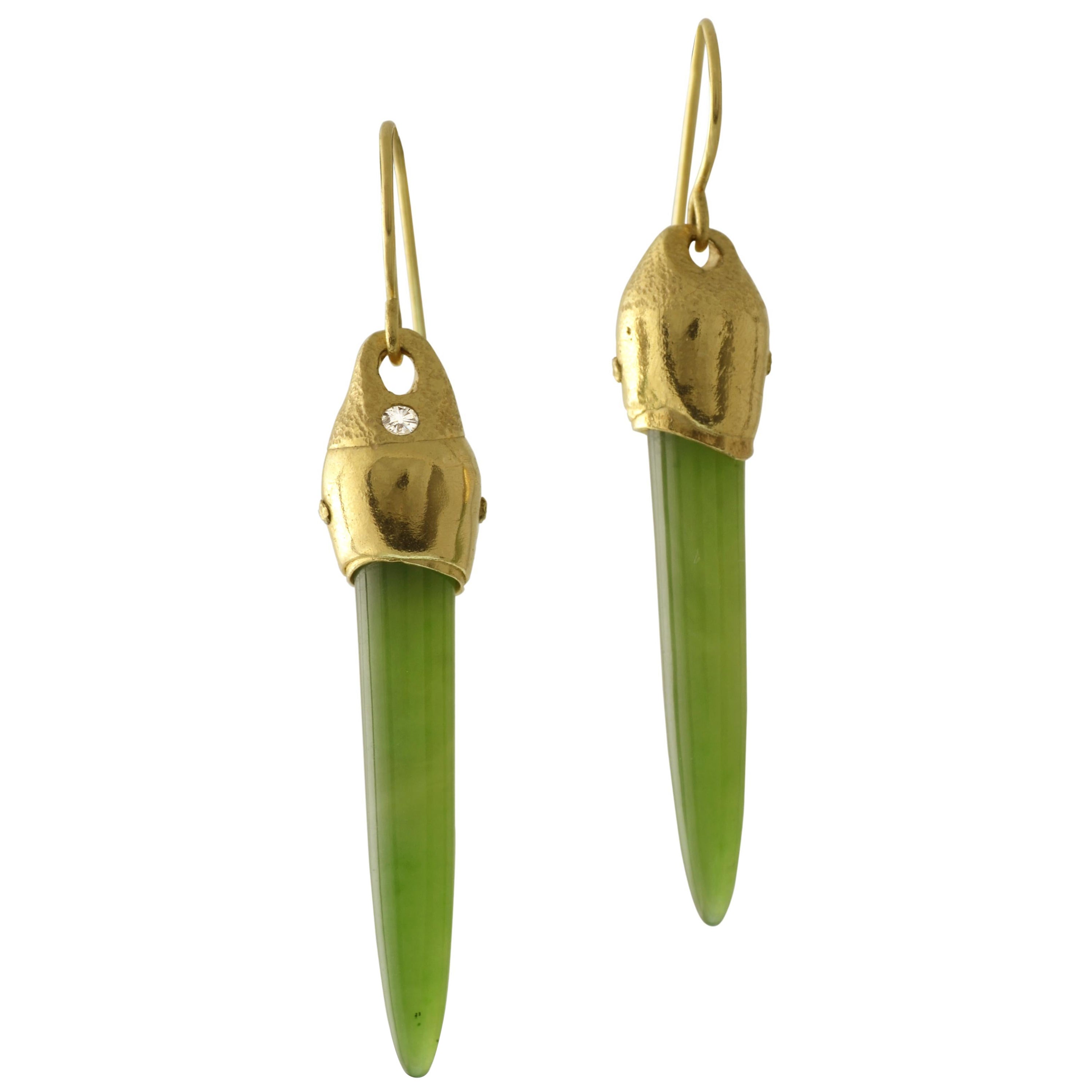 Susan Crow Studio Nephrite and Diamond Yellow Gold Drop Earrings For Sale