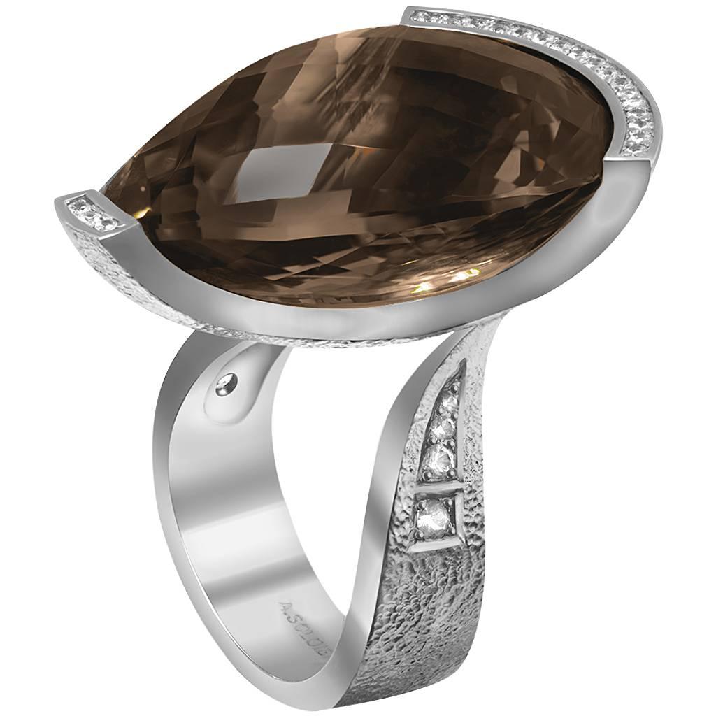 Alex Soldier Diamond Smoky Quartz White Gold Textured Ring Limited Ed Handmade