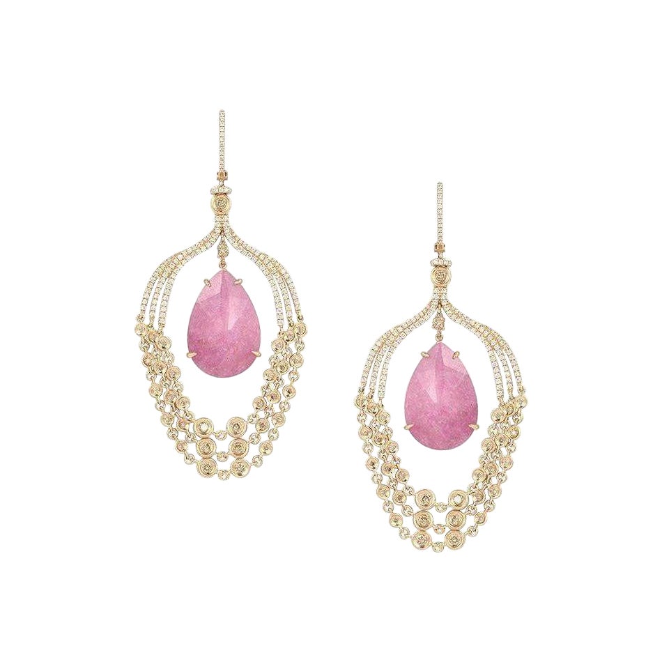 Pendientes Araña Turmalina Rosa Cristal de Roca Diamante Oro Rosa 18 Kilates