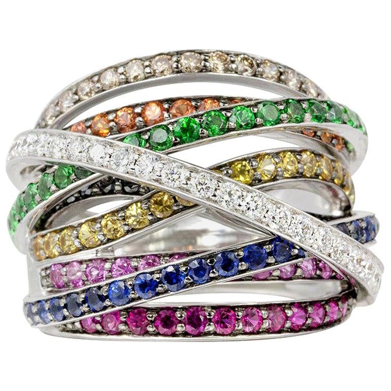Diamond Orange Sapphire Ruby White Gold 18 Karat Rainbow Firework Ring