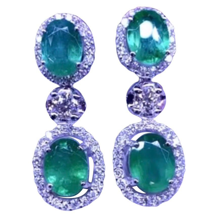 AIG Certified 6.80 Ct Zambia Emeralds Diamonds 1.37 Ct 18K Gold Earrings 