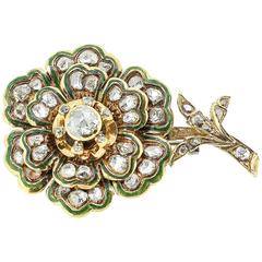 Georgian Rose Cut Diamond Green Enamel Gold Flower Brooch