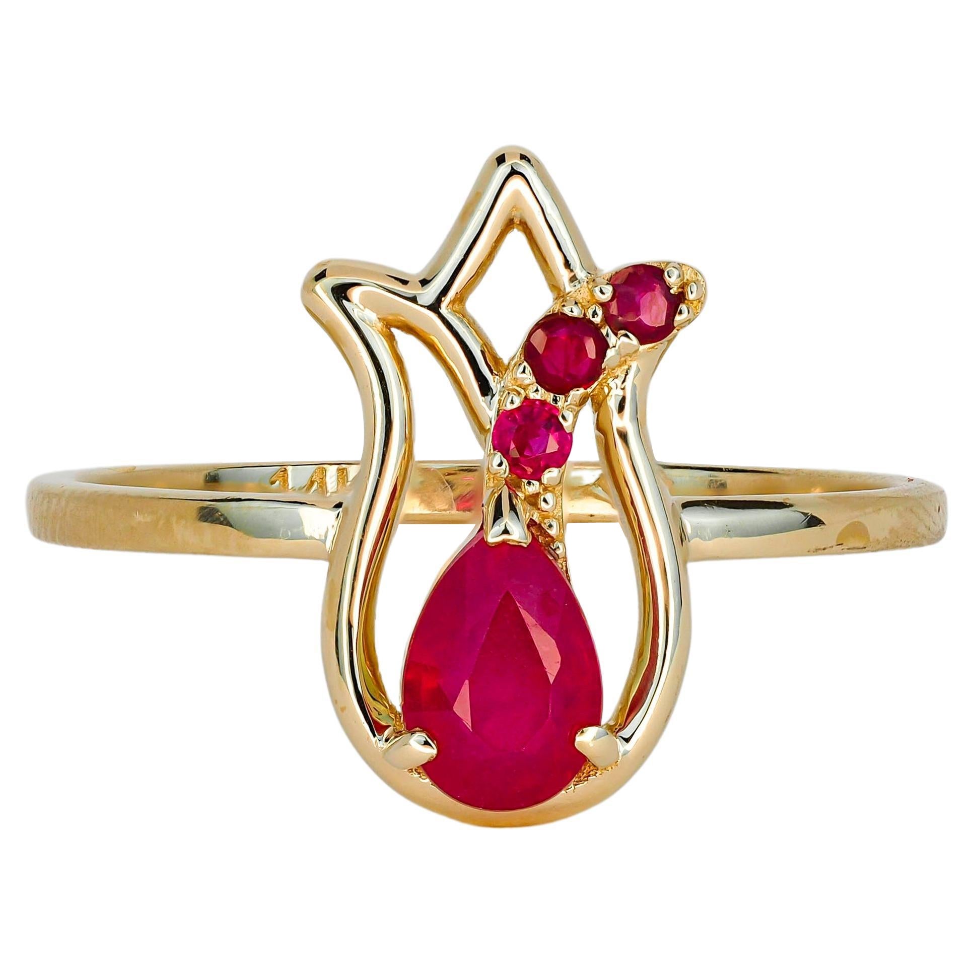 14 Karat Gold Ring with Ruby and Side Rubies, Gold Tulip Flower Ring