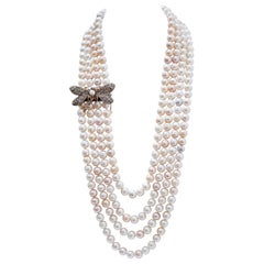 Vintage Pearls, Sapphires, Diamonds, Rose Gold and Silver Multi-strands Necklace.